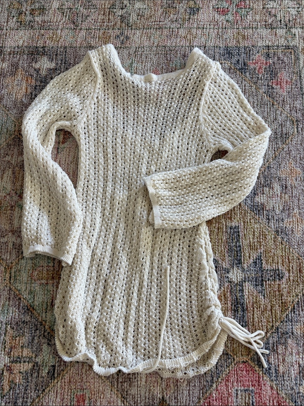 SHEIN Cream Open-Knit Scoop Neck Sweater with Side Drawstring